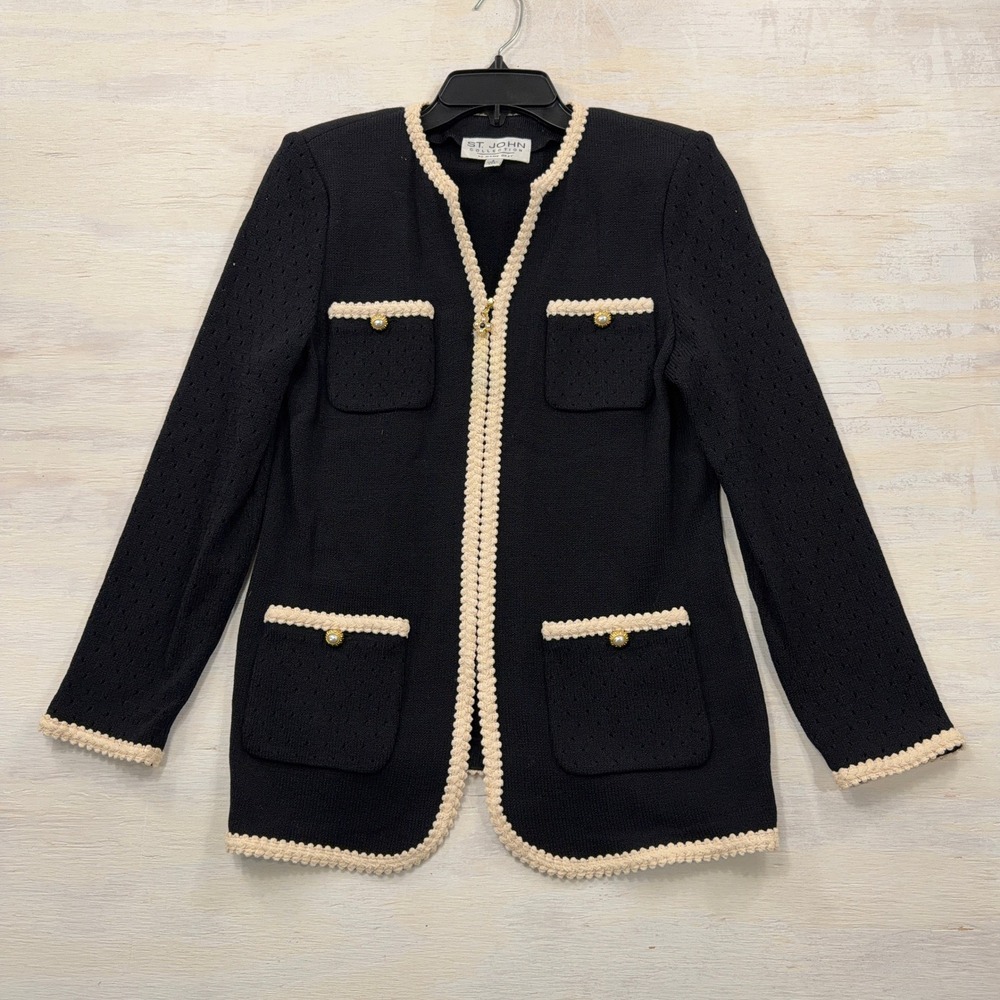St John Cardigan Collection Marie Gray 4 Knit Crochet Trim Navy Blue Women